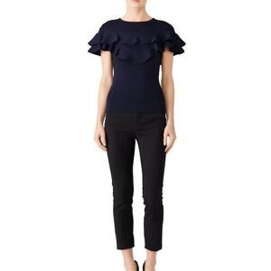 Sachin & Babi Vania Top Size XS Ribbed Ruffle Knit Navy Blue Blouse